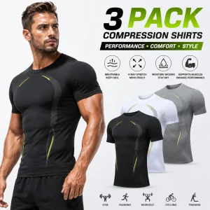 3-Pack Men's Compression Shirts Short Sleeve Gym- Workout Tees Moisture-Wicking Quick-Dry Performance Training Set
