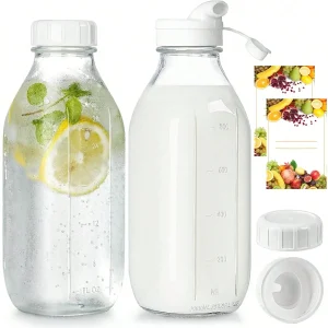 2PCS Glass Milk Bottle With Lid, 32 Oz Capacity,