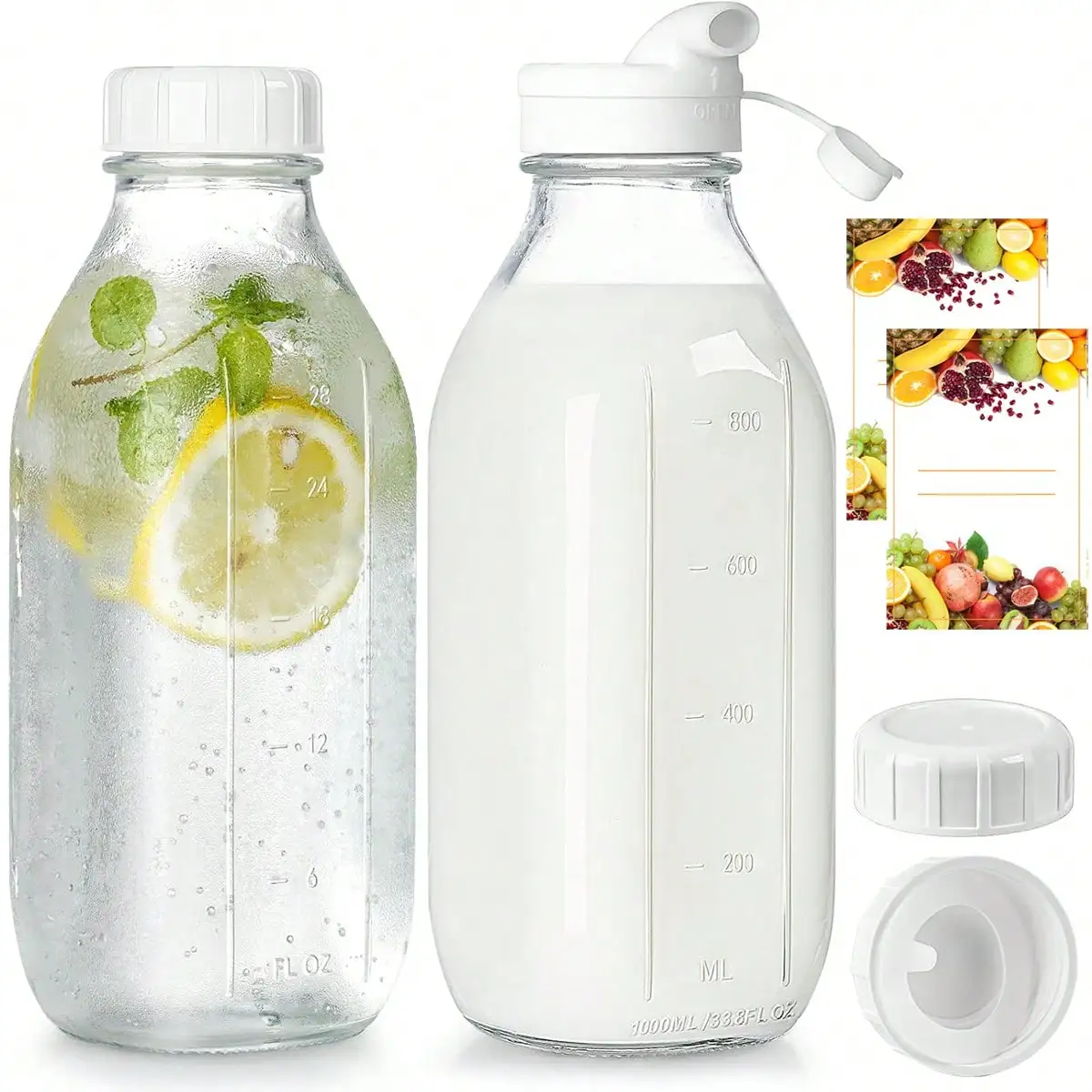 2PCS Glass Milk Bottle With Lid, 32 Oz Capacity, - Image 1
